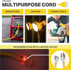 2 Pack Lighted Outdoor Extension Cord 25 ft - 12 Gauge 15 Amp Heavy Duty Power Extension Cords - SJTW - Great for Major Appliances, Power Tools, Garden Supplies - Yellow