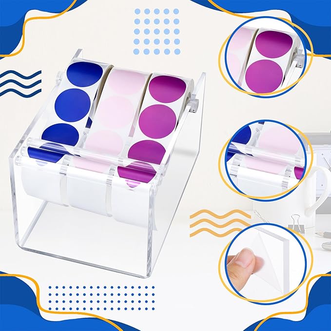1 Pcs Adjustable Label Dispenser 3 Disks Sticker Roll Holder Sticker Dispenser Label Roll Holder Acrylic Tape Organizer Stand for Office Home Desktop(Transparent)