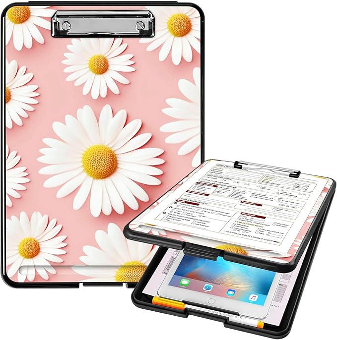 A4 Clipboards,Heavy Duty Waterproof Nursing Plastic Folder Clipboard with Storage Clip Boards,File Folder Storage Box Clipboard Case for Teacher,Doctor,Offices,Pink Daisy