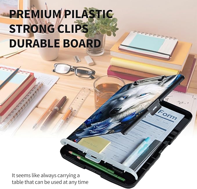 Clipboard with Storage High Capacity Plastic Nursing Clipboards with Pen Holder File Folder Storage Box Clipboard with Heavy Duty Clips for Teacher,Doctor,Offices-Bule Rose Wolf