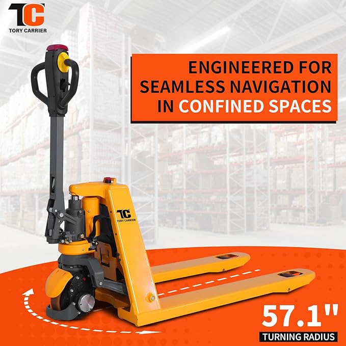 Tory Carrier Electric Pallet Jack Truck, 3300lbs Capacity Motorized Pallet Lift Trucks, 48" x 27" Fork Size Powered Lithium Battery Truck for Indoor Storage and Material Handling for Warehouse Yellow
