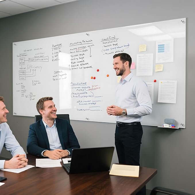 MaxGear Glass White Board 96"x48", Magnetic Glass Dry Erase Board for Wall, Large Frameless Whiteboard with 1 Eraser,3 Markers and 6 Magnets for Office, School, Home