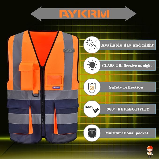 Orange&Navy Small High visibility vest,Reflective Safety Vest Workwear 7 Pockets Hi Vis Durable Vest with Reflective Tapes 4 Lower Pockets