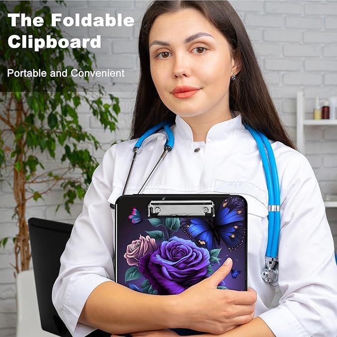 Plastic Storage Clipboard with Low Profile Clip, Heavy Duty Foldable, Coaches Clipboard Case for Work, Teacher, Office, School Supplies, Blue Pink Roses Butterfly