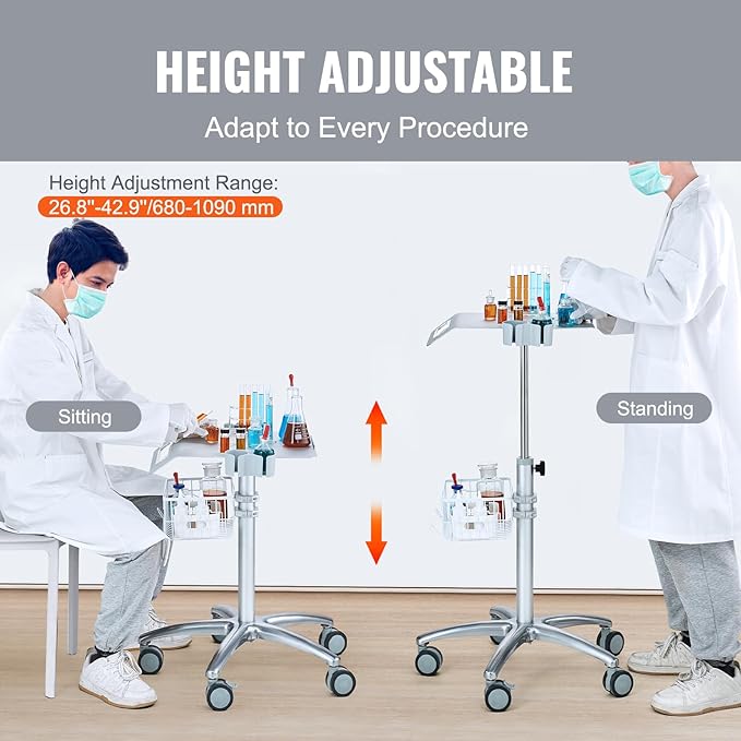 VEVOR Medical Cart, Salon Cart with Wheels, Mobile Trolley Cart 26.77"-42.91" Height Adjustable, Metal Salon Stations for Hair Stylist, Rolling Desktop Lab Cart for Clinic, Beauty and Salon