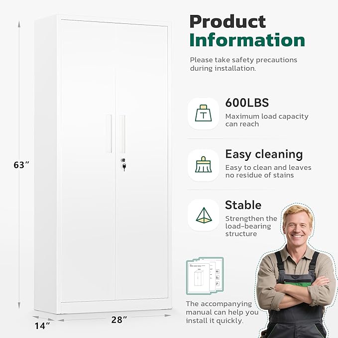 Greenvelly Metal Storage Cabinet, 63" H Locking Metal Storage Cabinet with Doors and 4 Shelves, Lockable Steel Cabinets for Kitchen, Bedroom, Living Room, Office (White)