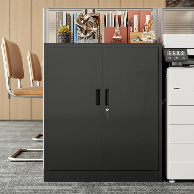 BESFUR Metal Storage Cabinet 36" H, Black Metal Cabinet with 2 Lockable Doors and 2 Adjustable Shelves, Garage Storage Cabinet for Home Office, Garage, School, Apartment, Warehouse