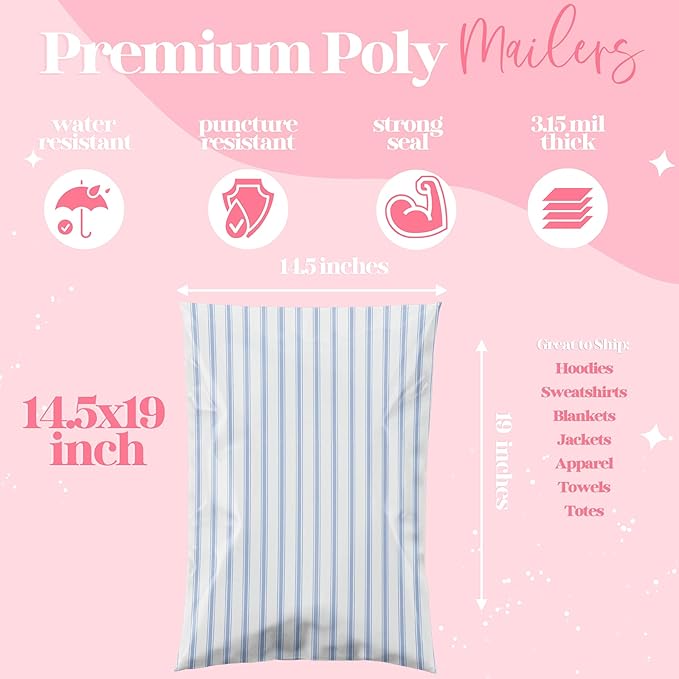 14.5x19 Designer Poly Mailer 100 Pack Heavy Duty Waterproof Self Seal Shipping Bags for Small Business Large Mailing Envelopes Bulk Tear Resistant Packaging Blue Stripe
