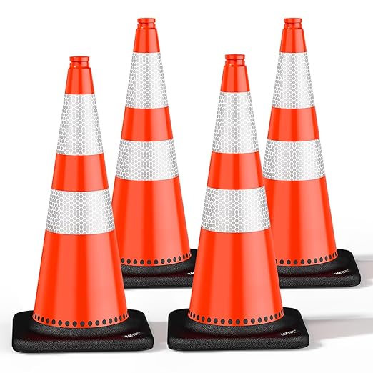 (4 Pack) BATTIFE Traffic Cones 28 Inch with Black Weighted Base, PVC Orange Cone for Traffic Control, Construction Events, Driveway Road Parking Lot