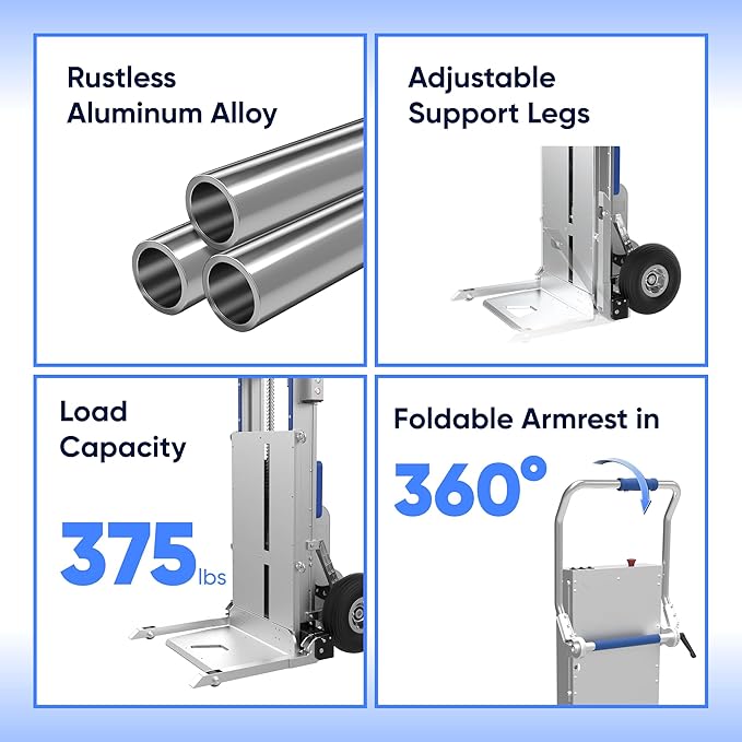 Electric Stair Climbing Dolly, 375 lb Capacity Stair Climbing Hand Truck with Power Lift, 2 in 1, Aluminum Hand Truck with Auto Edge Brake