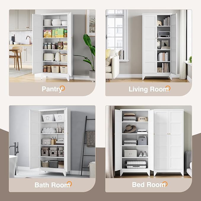 Yizosh Metal Storage Cabinet with 2 Doors and 4 Adjustable Shelves,- 72" White Kitchen Pantry Storage Cabinet for Kitchen,Living Room,Dining Room