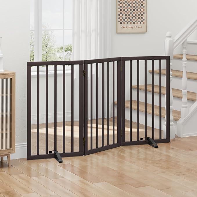 Dog Gates for Doorways, Tall Dog Gate Indoor, Foldable Pet Gates for Doorways Bedroom, Freestanding Puppy Gate with Metal Support Feet, Room Divider,3 Panels (Brown)