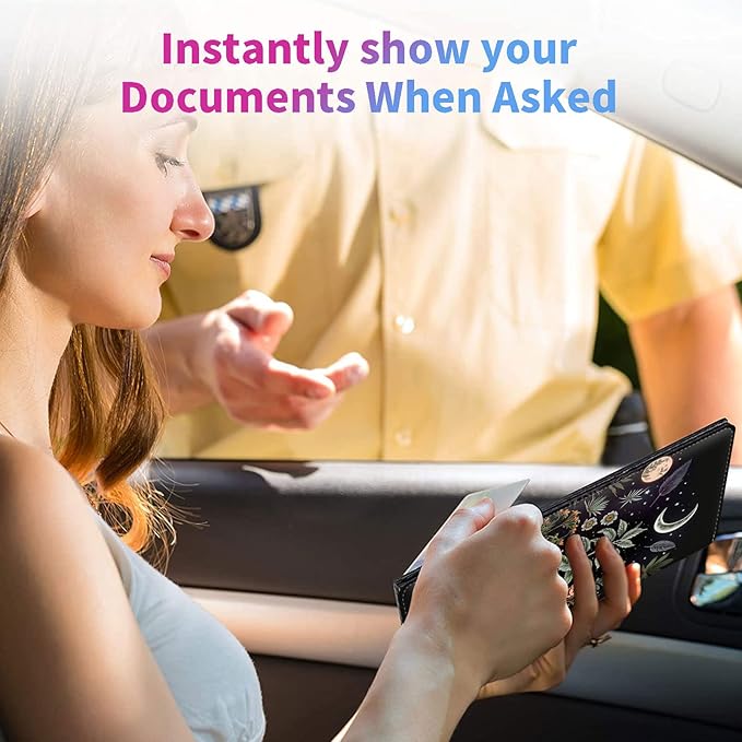 Car Registration and Insurance Holder,Leather Insurance License and Registration Card Holder for Car Glove Box, Auto Truck Document Holder Organizer for Men Women-Flowers Plants Moon Night