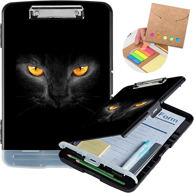 Clipboard with Storage,Heavy Duty Plastic Storage Clipboard with Low Profile Clip,Teacher Must Haves,Office Supplies,Black Cat Eyes
