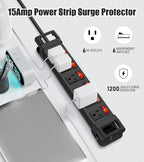 Heavy Duty Power Strip,6 Outlets Metal Power Strip with Individual Switch & Cord Management,Mountable Surge Protector 1200J,15FT Extension Cord(Black,15 FT)