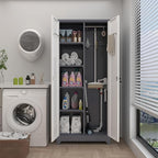 GREATMEET 72.8" H Metal Garage Storage Cabinets, Lockable Broom Closet Storage Cabinet with Doors and Shelves, Utility Cabinets for Storage Locker, Grey-White