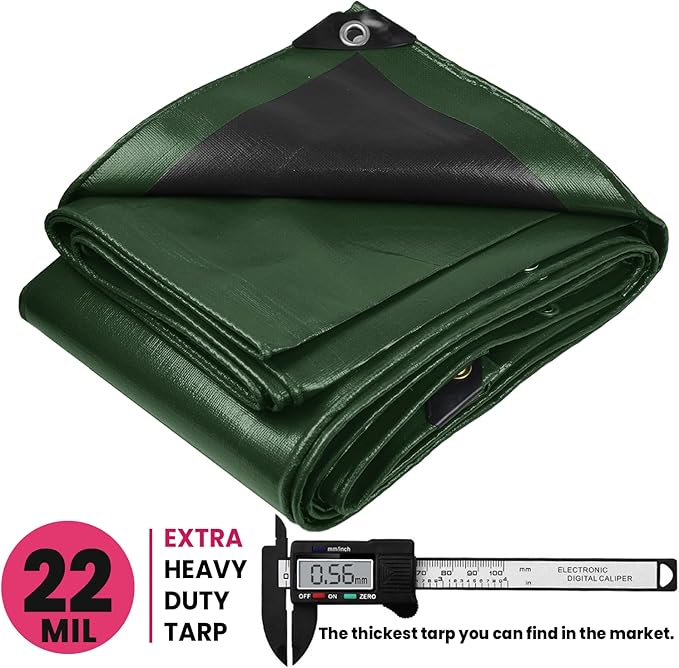 PROTARP Extreme Heavy Duty 22 Mil Tarp Cover, Waterproof, UV Resistant, Rip and Tear Proof, Poly Tarpaulin with Reinforced Edges for Roof, Camping, Patio, Pool, Boat. (Green/Black 18′ X 24′)