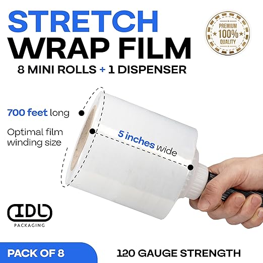 IDL Packaging 5" Stretch Wrap Mini Roll, 700 feet, 120 Gauge (Pack of 8) with a Plastic Handle Included – Industrial Grade Clear Plastic Wrap – Improved Protection for Packing, Moving, or Office