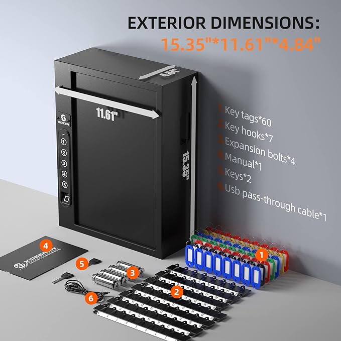 XDeer 60-Key Biometric Lock Box, Wall Mount with Anti-Theft Key Slot and Combo Lock for Hotels & Offices