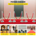 VEVOR Stanchion Post with Velvet Ropes, 6-Pack Crowd Control Stanchion with 3PCS 5FT Red Velvet Ropes, Stainless Steel Queue Barrier Line Divider with Ball Top for Events, Museums, Parties