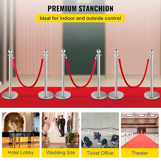 VEVOR Stanchion Post with Velvet Ropes, 6-Pack Crowd Control Stanchion with 3PCS 5FT Red Velvet Ropes, Stainless Steel Queue Barrier Line Divider with Ball Top for Events, Museums, Parties