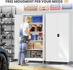 Garage Storage Cabinet with Doors and Shelves, Garage Cabinets with Wheels, Metal Lockable Storage Caninet,Tall Tool Cabnet on Wheels for Workshop/Home/Office/Shop - (White 75”H)