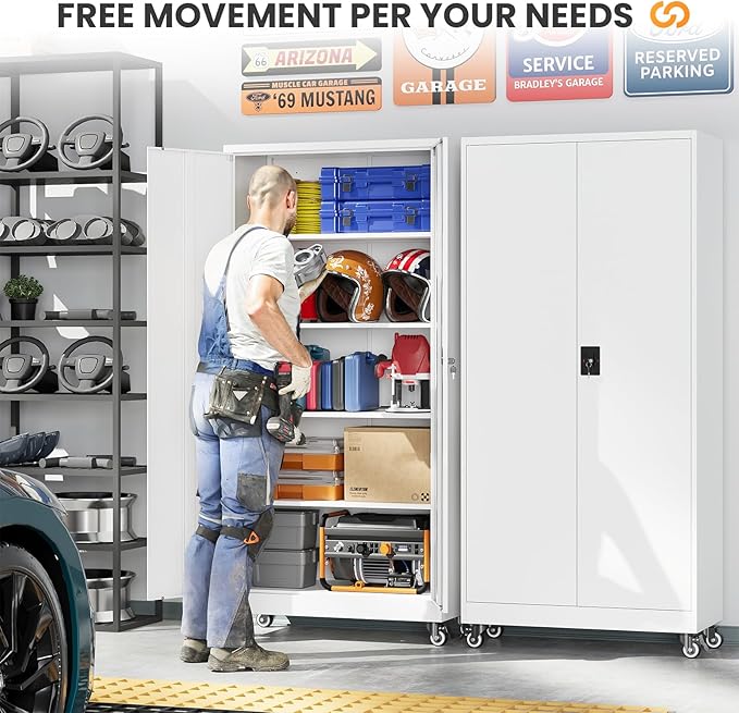 Garage Storage Cabinet with Doors and Shelves, Garage Cabinets with Wheels, Metal Lockable Storage Caninet,Tall Tool Cabnet on Wheels for Workshop/Home/Office/Shop - (White 75”H)