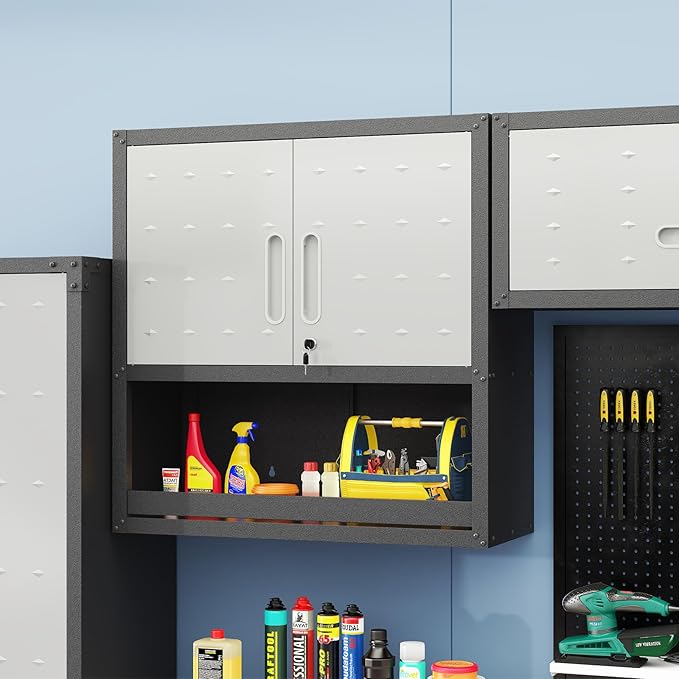 Wall Mounted Cabinet with Locking Doors, Open Shelf, Metal Hanging Garage Storage Cabinet, Adjustable Floating Upper Tool Cabinets for Shop, Kitchen, Bathroom (Grey, 30''W x 12''D x 30''H)