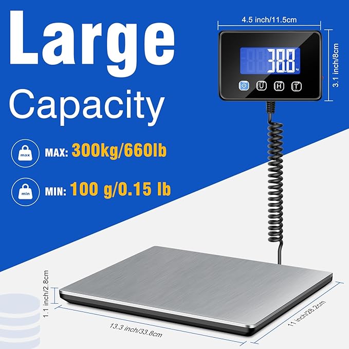 Shipping Scale, 660 lb / 1 oz High Accuracy Digital Scale for Packages with Hold, Tare Function, Postal Scale for Small Business, Luggage, Home Use (Battery & Charging Cable Include)