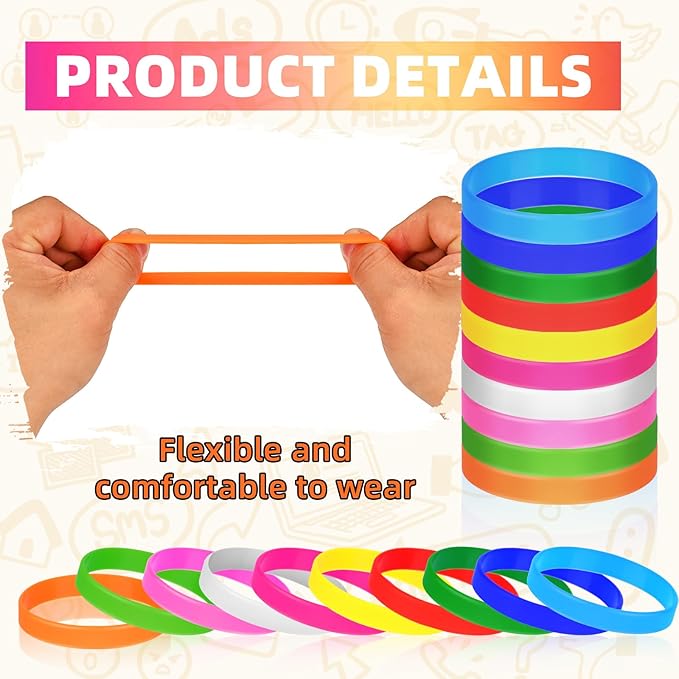 100 Pieces Colored Silicone Wristbands Bulk Rubber Bracelets, Plain Rubber Bracelets-10 Mix Colors For Adults Teens