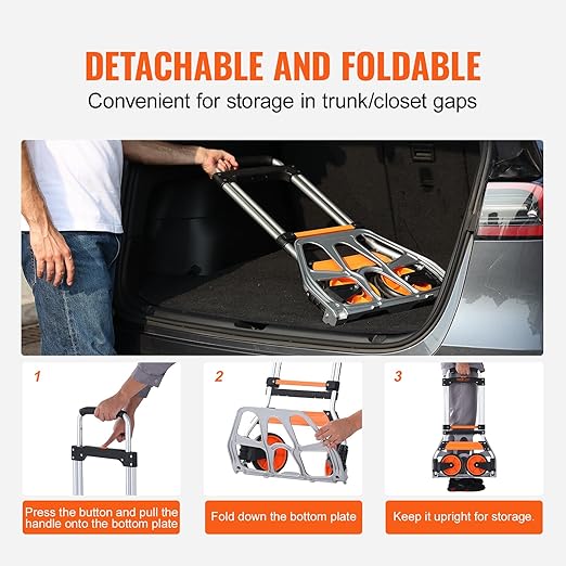 VEVOR Folding Hand Truck and Dolly, 275 Lbs Capacity, Aluminum Foldable Cart, Heavy-Duty Luggage Trolley Cart with Telescoping Handle and PP+TPR Wheels for Home, Office, Shopping, Travel