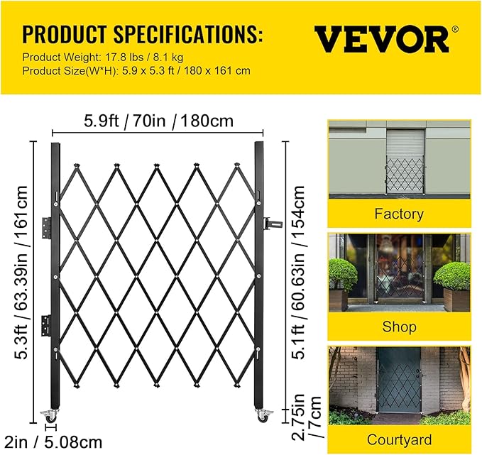 VEVOR Folding Security Door, 63.39" H x 70" W Accordion Gate, Steel, 360 Rolling Barricade, Scissor Gate/Door with Padlock