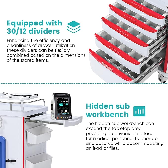 Medical Cart, Rolling Medication Carts with Silent Wheels, Adjustable IV Pole, Trash Bin & O2 Holder, Needle Disposal Holder - Ideal Nursing Trolley for Clinics, Hospitals, Salon