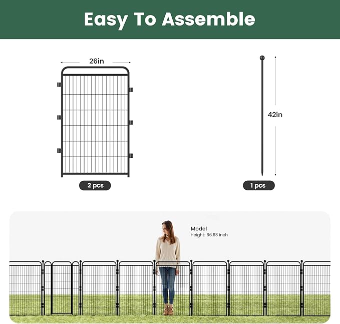 Decorative Garden Fence 40in(H) x52in(L),Thicken 2 Panels Metal No Dig Outdoor Dog Fence for Yard,Heavy Duty Animal Barrier for Dog and Rabbit, Garden Border Fence, Black