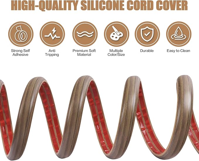 Floor Cord Cover Self Adhesive Cord Hider,10FT Cable Management, Extension Strip Protector for Wires, Prevent Cable Trips for Offices, Gyms, Exhibitions Cavity:0.39"(W) x0.27(H) Woodsmokedbrown