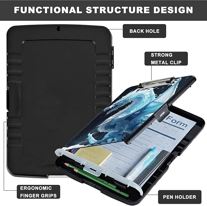 Snow Dragon Clipboard with Pen Holder - Heavy Duty Plastic Storage Clipboard with Low Profile Clip