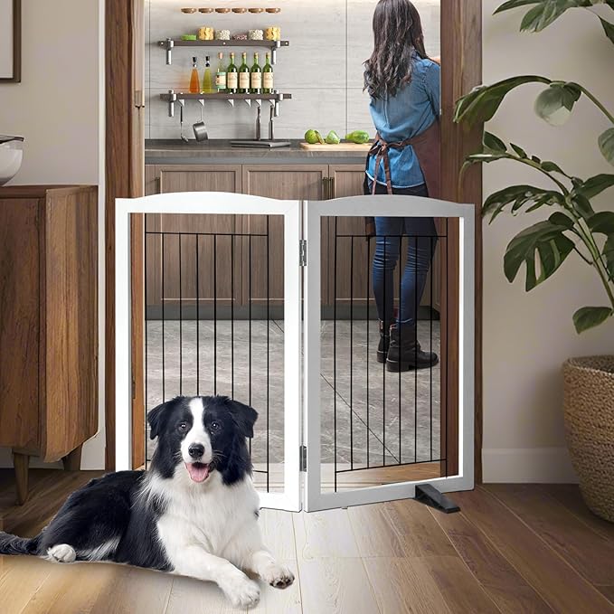 Dog Fence Indoor - 2-Panel Freestanding Dog Gate for Doorways, Hallways, House or Stairs -40x32-Inch Retractable Foldable Expandable Wood Pet by SFJC (White)