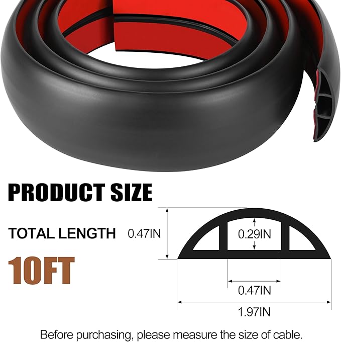 MYFAMIREA 10FT Floor Cord Cover for Wire Self Adhesive Cable Cavity Management PVC Extension Cord Hider Power Floor Wire Protector Cover Prevent Cable Trip for Office Home Outdoor (Black, 1.97'')