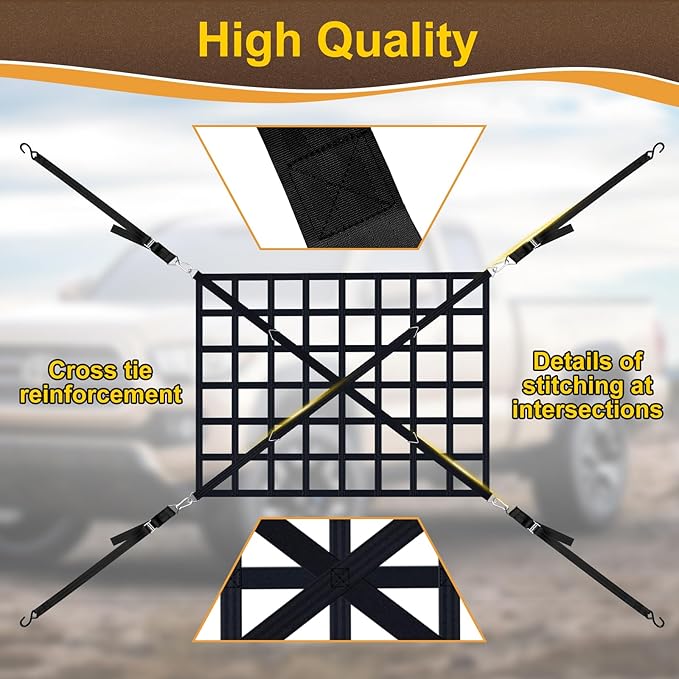 Cargo Net for Pickup Truck Bed, Heavy Duty 1100 lbs Capacity, Adjustable Cam Buckles & S-Hooks, Thick Herringbone Nylon, with Drawstring Storage Bag for Trailers and Trucks (66" x 50")