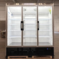 71” Wide Commercial Beverage Refrigerator Display Fridge, Three Glass Door Merchandiser Drink Cooler With LED Light Adjustable Shelves,ETL Sanitation,63.5 Cu Ft,NO CANOPY,BLACK,(Wheels Included)