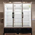 71” Wide Commercial Beverage Refrigerator Display Fridge, Three Glass Door Merchandiser Drink Cooler With LED Light Adjustable Shelves,ETL Sanitation,63.5 Cu Ft,NO CANOPY,BLACK,(Wheels Included)