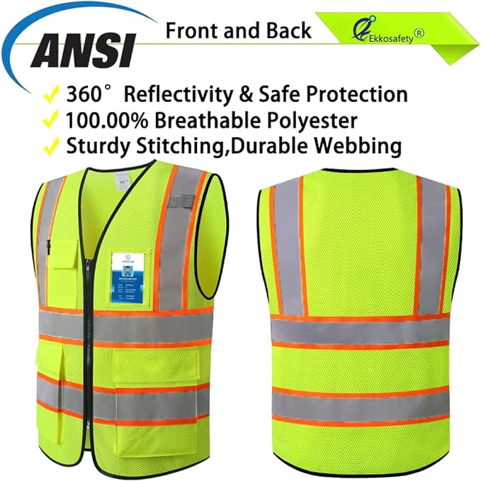Reflective Mesh Safety Vest for Men Women with 5 Pockets and Zipper Front High Visibility Mesh Vest Hi Vis Construction Work Vest,Meets ANSI/ISEA Standards(EK175-Yellow-XL)