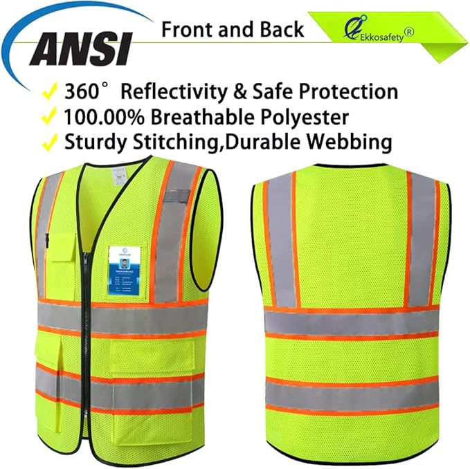 Reflective Mesh Safety Vest for Men Women with 5 Pockets and Zipper Front High Visibility Mesh Vest Hi Vis Construction Work Vest,Meets ANSI/ISEA Standards(EK175-Yellow-S)