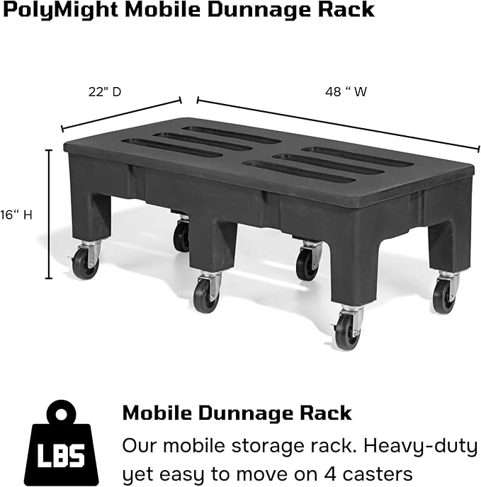 PolyMight Mobile Heavy-Duty Poly Dunnage Rack with Caster Wheels for Warehouses and Commercial Industrial Storage 48" x 22" x 16" with 900 lb Capacity