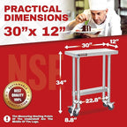 DuraSteel 30x12 NSF Stainless Steel Cart Work Table - Heavy Duty Rolling Food Prep Table - Metal Utility Cart on Wheels Caster, Grill Stand Microwave Outdoor Kitchen Tables Countertop Island Top Vevor