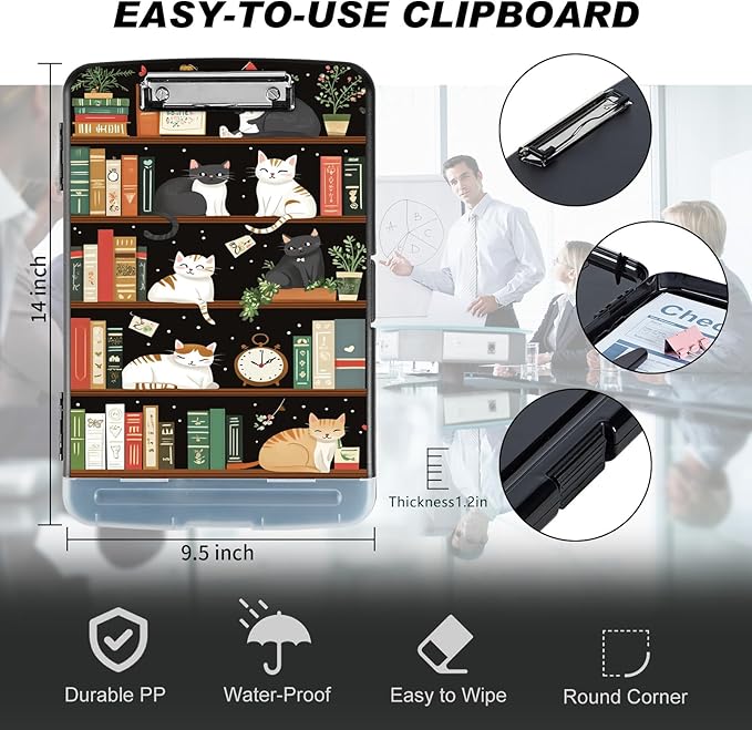 Clipboard with Storage Compartment, 8.5 x 11 Letter Size Side Opening Clip Board with Pen Holder, Hard Portable Clipboard Organizer for Nurse, Teacher, Contractor, Jobsite, Bookshelf Cat