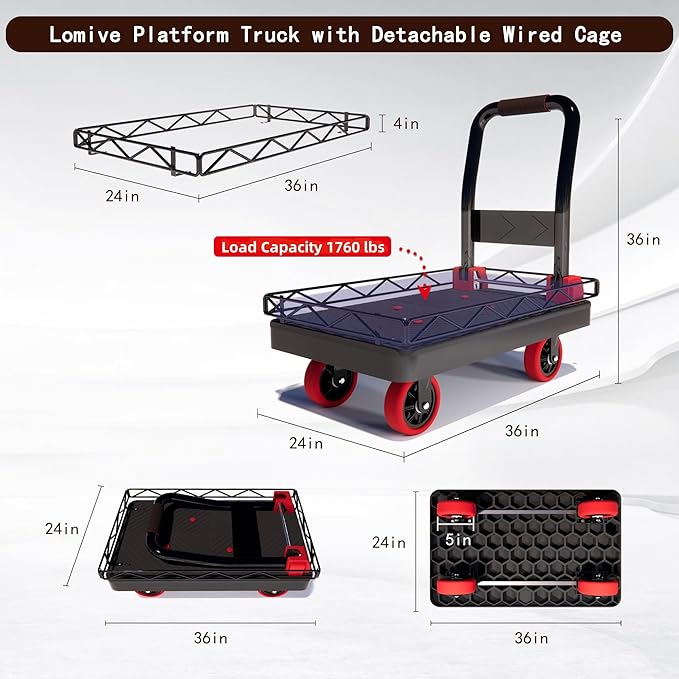 2IN1 Heavy Duty Platform Trucks Flatbed Carts, Push Cart Dolly 1760lbs Capacity Hand Trucks w/Detachable Solid Steel Wire Fence, 36×24 Collapsible Cage Cart Dolly, 5-Inch Silent TPR Wheels