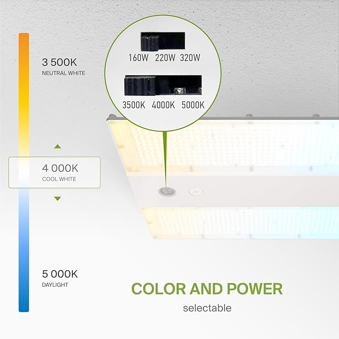 ASD LED Linear High Bay Light Fixture, Commercial Shop Lighting | 3CCT, Dimmable, Power Adjustable, DLC Premium, UL Listed | 320W 51000LM 3500-5000K 200-480V | Warehouse, Garage, Workshop Lamp | White