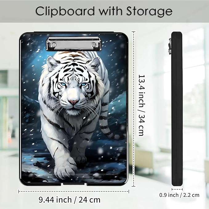 Clipboard with Storage,Office Supplies Nursing Clipboards Folder with Pen Holder Plastic Foldable Clip Board with Storage for Nurse Teacher,White Tiger