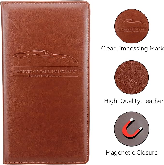 Car Registration and Insurance Holder, Premium Pu Leather Vehicle Glove Box Organizer - for Driver License, Cards & Essential Documents (L-Brown)